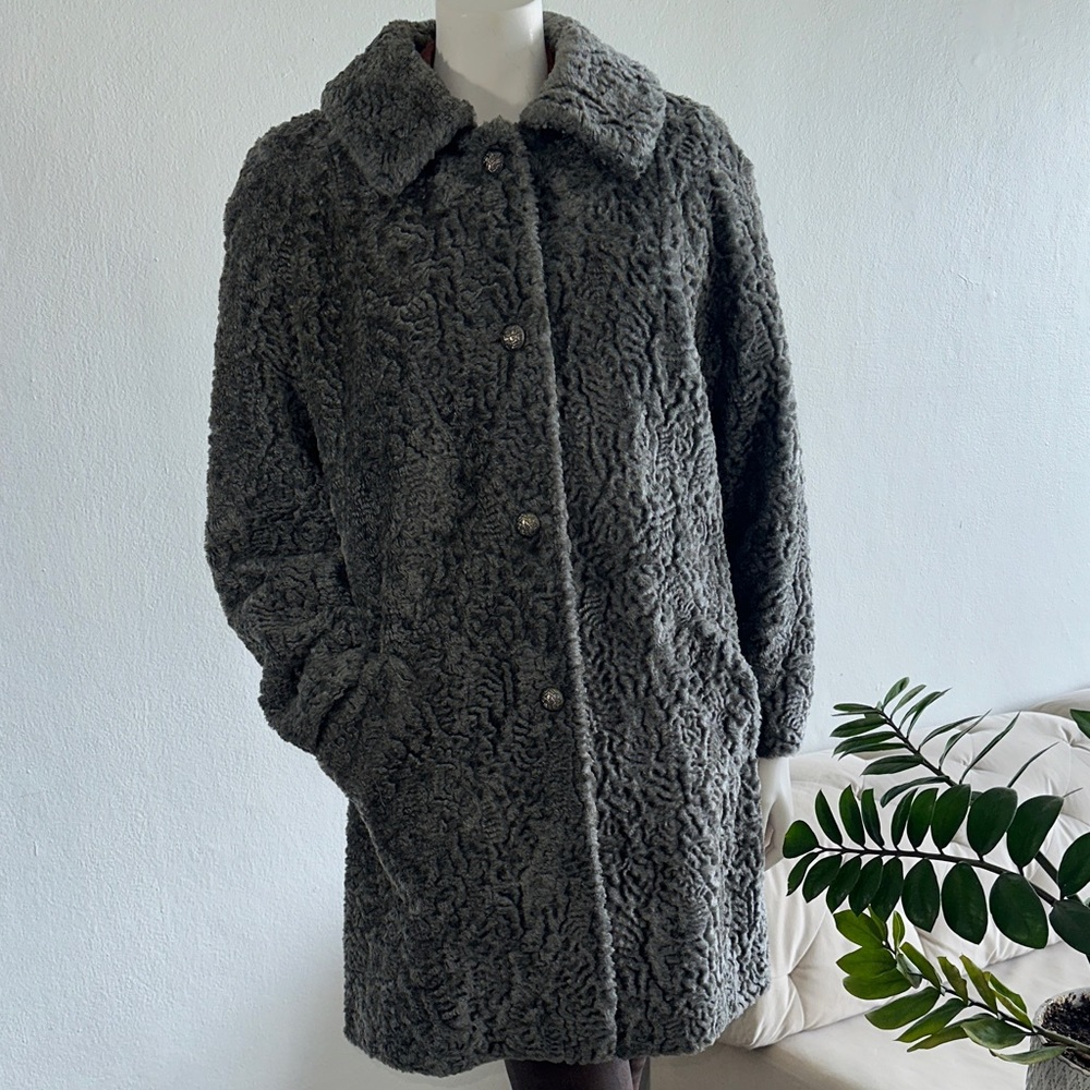 Vintage 1950s Gray Faux Persian Fur Swing Coat,  Old Hollywood Glam, Oversized